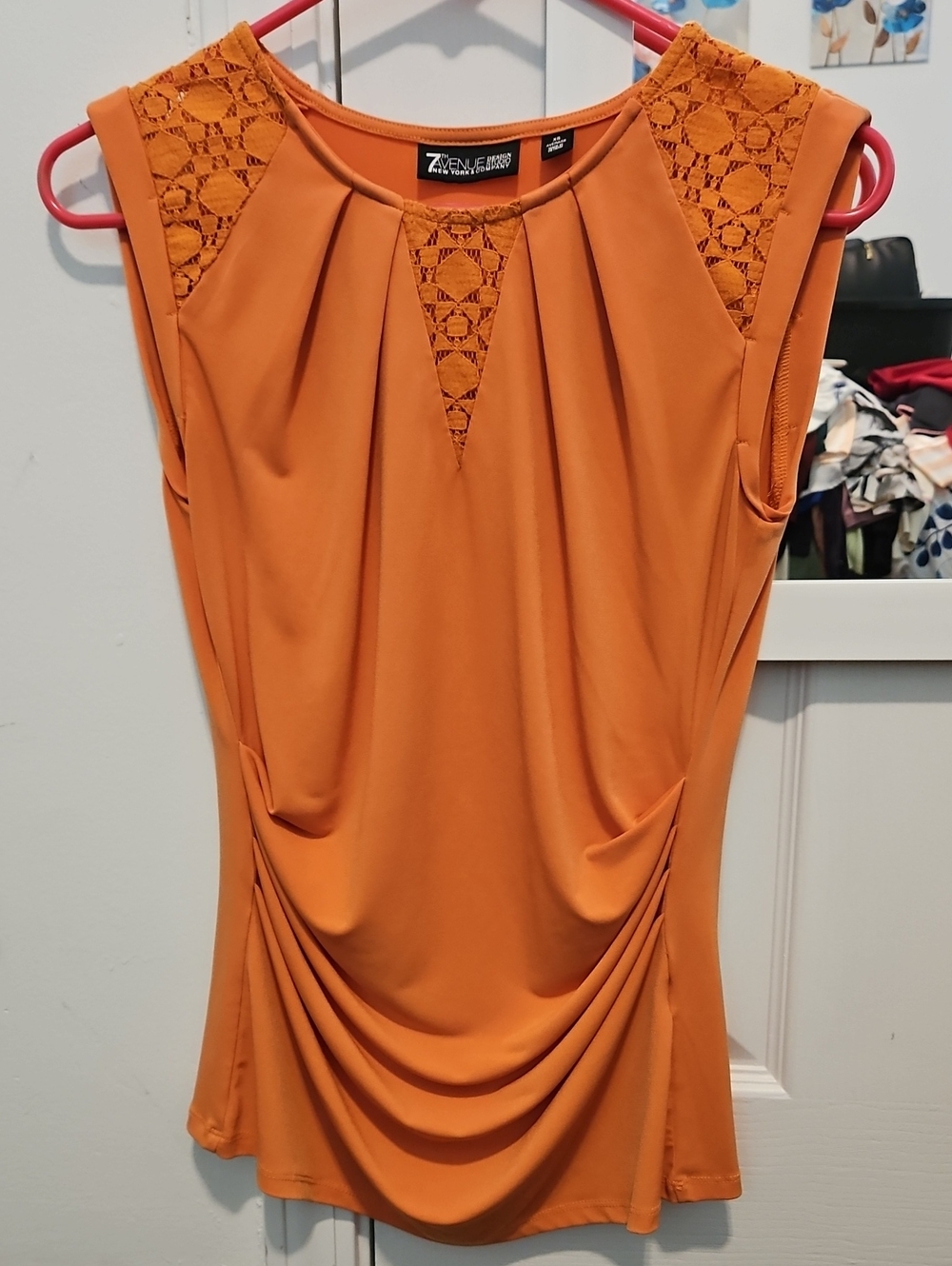 New York & Company Orange Lace-Trim Draped Sleeveless Tank